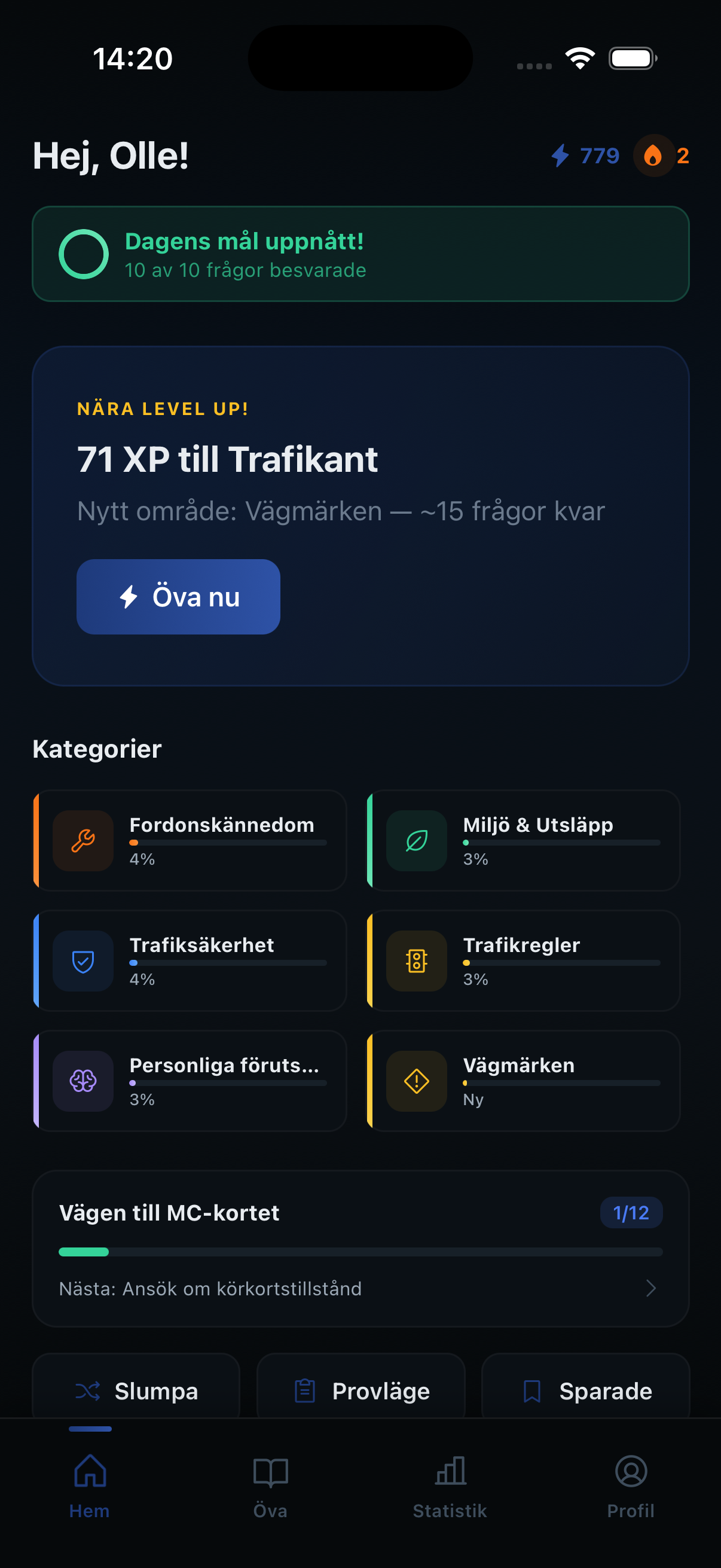 MC Kortet app — hemvy med daglig streak, XP-nivå och kategorier